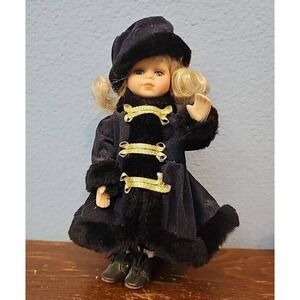 Vintage Fashion Doll Blonde Hair Black Winter Outfit & Fur Hat Great Condition